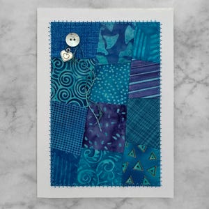 Handmade Blue Fabric Patchwork Card: Artist Greeting Card