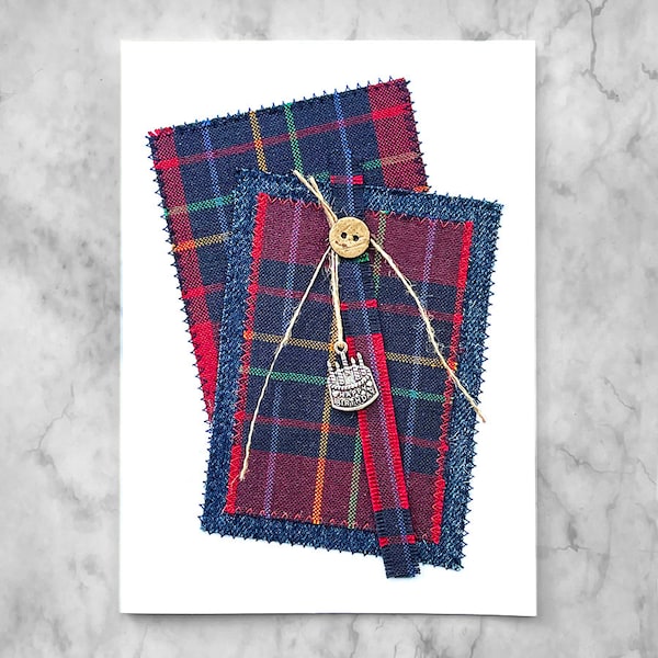 Handmade Card, Birthday Card for Him, Tartan Plaid Greeting Card,  Fiber Art Card, Card for Him, Blank Card, All Occasion Card, Card For Dad