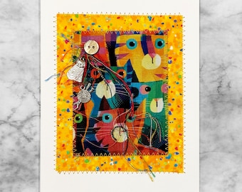 Handmade Fiber Art Cat Card: Contemporary Fabric, Silver Charms, Unique Greeting