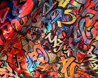 Nowy wzór Graffiti Art, koronka holograficzna, metaliczny nylon spandex, rozciągliwy w 4 kierunkach, 58/60 cali, sprzedawany przez YD. Wysyłka na cały świat z Los Angeles, Kalifornia.