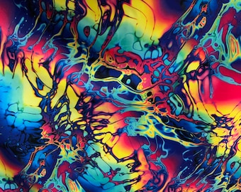 May include: Abstract psychedelic pattern with swirling blue, yellow, red, and black colors. The pattern resembles liquid or paint.