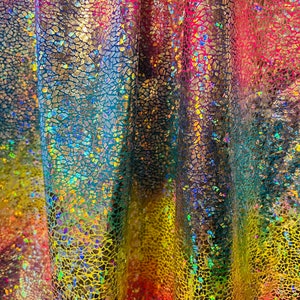 Nylon et élasthanne tie-dye motif reptile avec hologramme métallique irisé, extensible dans les 4 sens 58/60 pouces vendu par YD. Expédition dans le monde entier depuis LA CA.