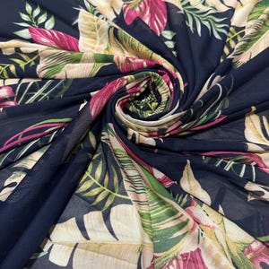 New tropical Hawaiian design print on power mesh 4-way stretch 58/60”sold by the YD. Ships worldwide from Los Angeles California USA.