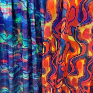New lava design digital foil print lacer hologram metallic nylon spandex 4-way stretch58/60”sold by the YD.ships worldwide from Los Ángeles