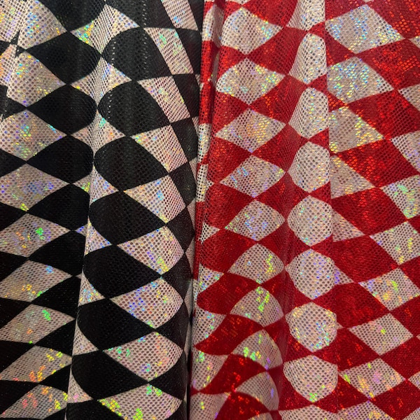 New Diamond Harlequin design print on shattered glass holograma metallic nylon spandex 4way stretch 58/60”Sold by the YD.from Los Angeles