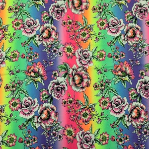 Rainbow and roses design print on the best quality nylon spandex 4-way stretch 58/60”sold by the DY. Ships Worldwide from Los  Angeles CA.