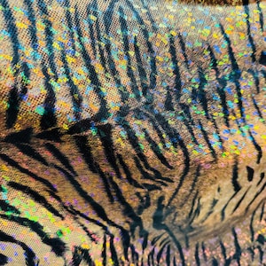 Luxury Exotic tiger design print on shattered glass holograma metallic nylon spandex 4way stretch 58/60”Sold by the YD.