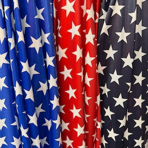 Patriotic stars pattern design print on metallic nylon spandex 4way stretch 58/60”sold by the YD.Ships worldwide from Los Angeles CA.