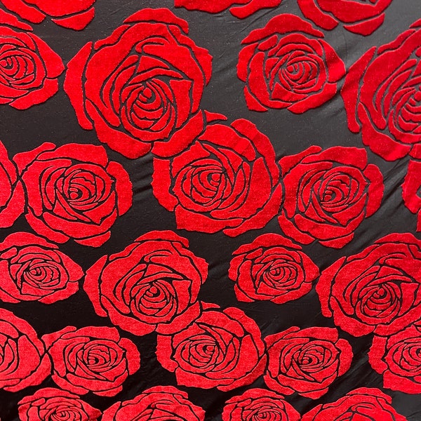 Dk red roses burnout velvet 4-stretch 58/60”sold by the YD. ships worldwide from Los Angeles California USA