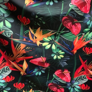 Tropical flowers design print on the best quality nylon spandex 4-stretch 58/60”sold by the YD.ships worldwide from Los Ángeles California.