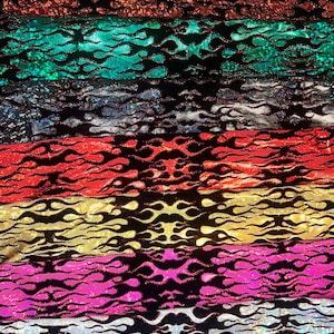 Leaping flames design hologram shattered glass with flocking metallic nylon spandex 4-stretch58/60”sold by the YD.Ships Worldwide from LA.