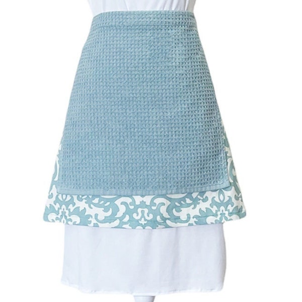 Turquoise Damask Towel Apron with Pockets | Classy Apron with Removable Turquoise Towel | Gift For Her | Half Apron with Towel