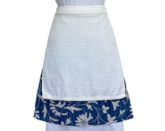 Blue Floral Towel Apron with Pockets |  Blue/Beige Apron with Removable Cream Towel | Gift For Her | Half Apron with Towel