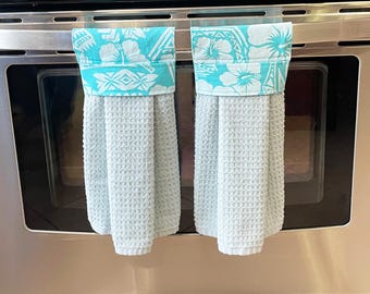Set of 2 Turquoise Floral Hanging Towels | Turquoise Hanging Towels with Hibiscus Toppers