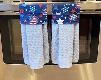 Set of 2 Patriotic Hanging Towels | Blue Hanging Towels with Patriotic Toppers | Hanging Towels for Kitchen Set | Towel Toppers