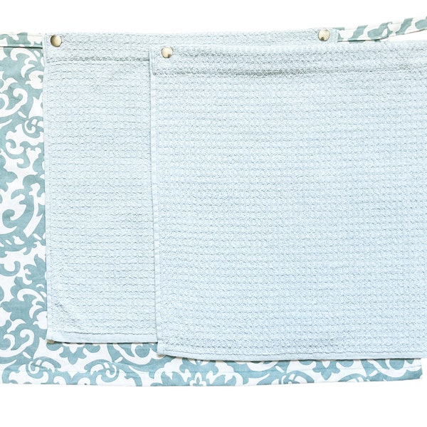 Turquoise Damask Towel Apron with Pockets | Set of 1 Apron + 2 Snap Towels | Classy Apron with Removable Light Turquoise Towels