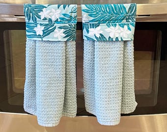 Set of 2 Turquoise Tropical Foliage Hanging Kitchen Towels | Turquoise Hanging Towels with Vibrant Tropical Foliage Toppers