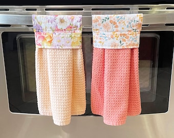 Floral Peach and Coral Floral Hanging Towels | Set of 2 Floral Hanging Towels with Watercolor and Wild Flower Toppers