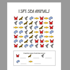 I Spy Printable Activity Sheet, I Spy for Kids, I Spy Printables, I Spy Game Sea Animals Theme, Printable Activities for Kids, Education