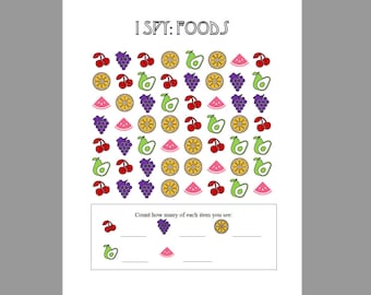 I Spy Printable Activity Sheet, I Spy for Kids, I Spy Printables, I Spy Game Food Theme, Printable Activities for Kids, Education learning