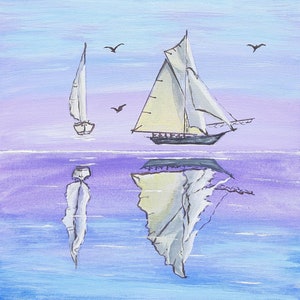 Peace and yachts, original art, acrylic painting on canvas, sailboat, seascape ships sailing, nautical painting 30x30x1,3 cm
