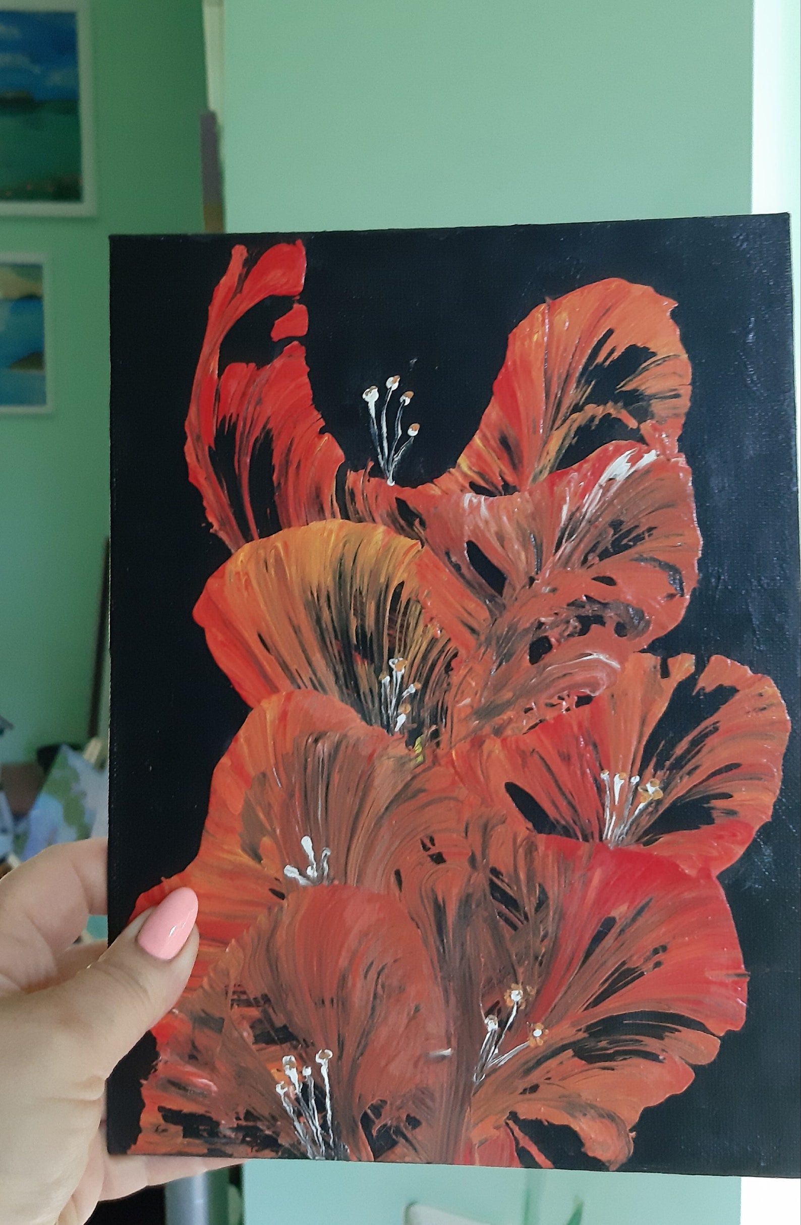 Red Flower, Original Art, Painting Black Background, Acrylic, Lacquered ...