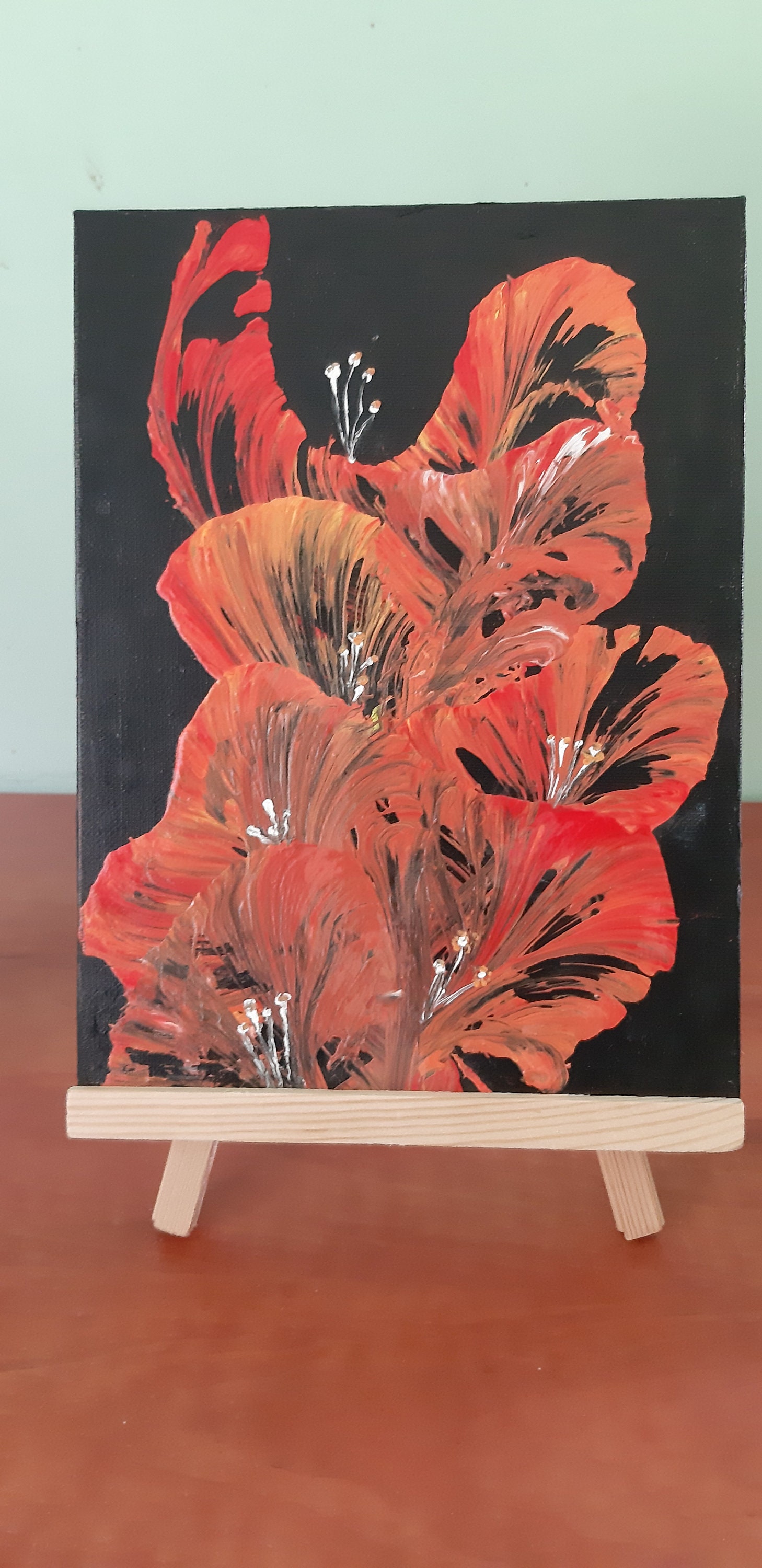 Red Flower, Original Art, Painting Black Background, Acrylic, Lacquered ...