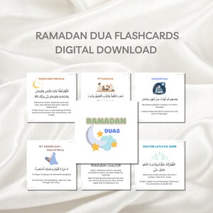 Puede incluir: Un conjunto de 6 tarjetas digitales de Dua del Ramadán con un diseño de luna creciente y estrellas. Las tarjetas presentan diferentes oraciones islámicas en árabe e inglés, incluyendo la Dua de la vista de la luna, la Dua de Iftaar, la Dua de Suhoor, la 1ª Dua de Ashura y la Dua para Laylatul Qadr.