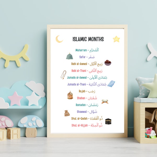 Islamic Months English & Arabic, Islamic wall art, Kids room, 12 Islamic months, Digital Product, Nursery Room, Islamic Prints, Walldecor