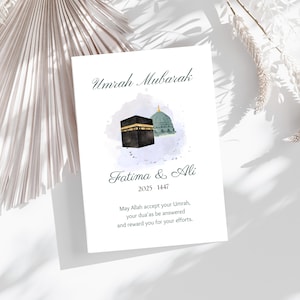 Tarjeta de felicitación personalizada Umrah Mubarak, tarjeta imprimible Umrah, impresión Kabah & Medina, tarjeta de felicitación Umrah, tarjeta de felicitación islámica, islámica