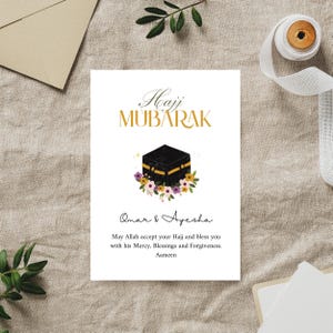 Cartão de felicitações personalizado para Hajj Mubarak, cartão para impressão de Hajj, impressão de Caaba, cartão de felicitações para Hajj, cartão de felicitações islâmico, cartão de Hajj para impressão