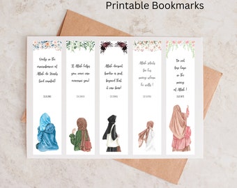 Islamic Bookmarks: Muslim Girls Illustration, Quran Verse (Digital Download, Set of 5)