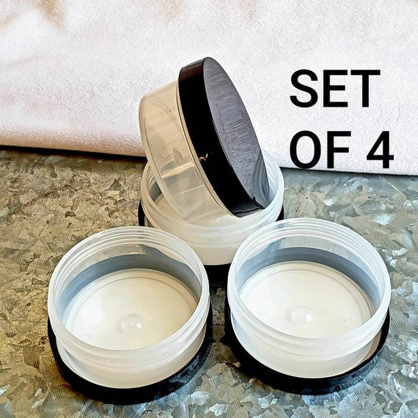 3 oz. Natural Plastic Jar With Glossy Black Lid. Low Profile Container. Perfect for Your Creams, Powders, Gels and Lotions. 70/400. SET of 4