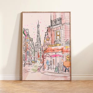 Paris Art Print, Parisian Street, Eiffel Tower, Watercolor, French Café Illustration, Romantic Paris Decor, Travel Wall Art, Europe Street