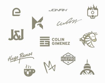 May include: A collection of 12 different logo designs in a muted gray color. The logos include a zebra, a coffee cup, a camera, a building, a star, a letter 'e', a letter 'M', a letter 'K', a signature, a set of initials 'J&J', and the text 'JONAH' and 'HUGO RAMOS'.