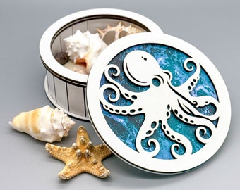 Octopus Decorative Box Laser Cut File - Laser Cut Gift Box Digital Download - Round Jewelry Box with Decorative Lid - Glowforge SVG File