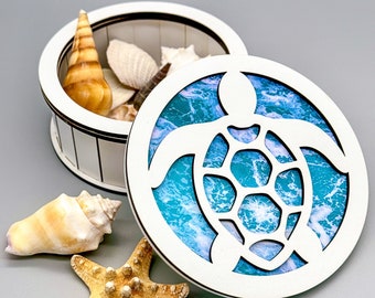 Sea Turtle Decorative Box Laser Cut File - Laser Cut Gift Box Digital Download - Round Jewelry Box with Decorative Lid - Glowforge SVG File