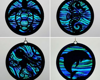 Laser File Bundle for Sea Animal Suncatchers - Sea Turtle, Dolphin, Seahorse and Octopus Sun Catcher Laser Cut Files - Glowforge xTool files