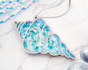 Conch Sea Shell Glitter Shaker Ornament Laser Cut File, Beach Snow Globe Glowforge File, Christmas Tree Decoration SVG, Gift for Beach Lover