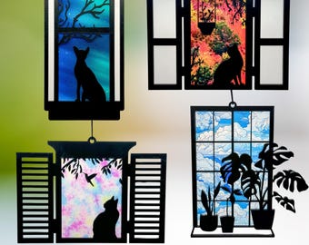 Window Suncatcher Laser File Bundle, Houseplant and Cat Christmas Ornament Laser Cut Files, Window Ornament SVG, Hanging Window Decoration