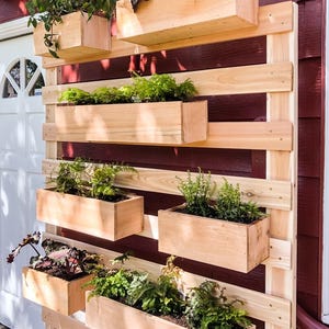 May include: A wooden wall planter with multiple shelves and boxes, each filled with various green plants. The planter is made of natural wood and has a rustic look.