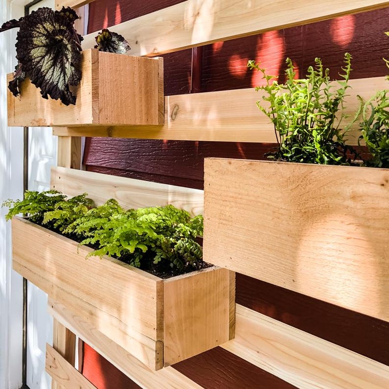 May include: A wooden wall planter with three rectangular boxes, each containing different types of green plants. The planter is mounted on a red and brown striped wall.