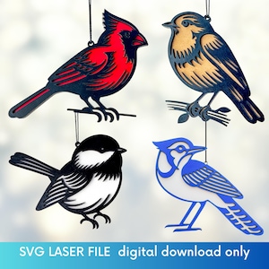 Lot de limes laser pour ornements d'oiseaux d'arrière-cour | Geai bleu, mésange, cardinal et moineau décor SVG | Fichiers découpés Glowforge | Cadeau pour les amateurs d'oiseaux