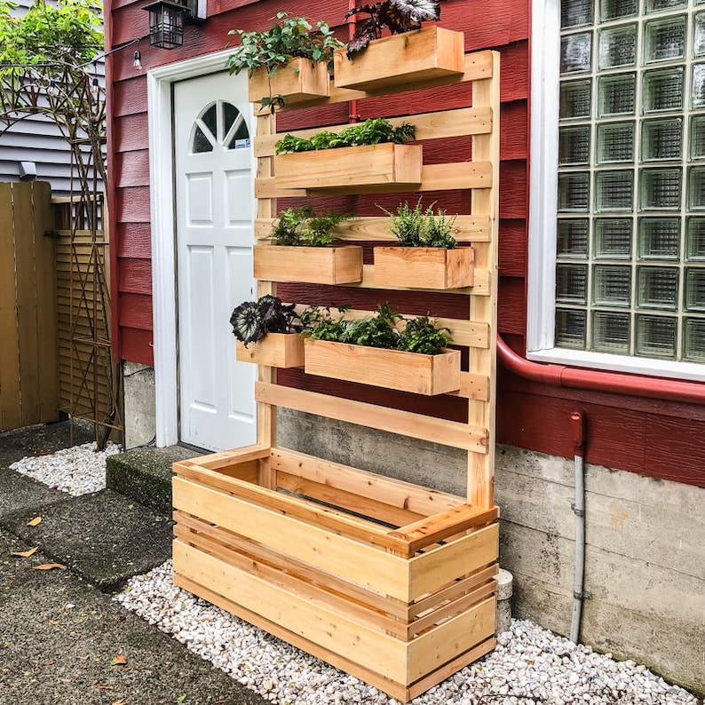 May include: A wooden vertical garden planter with multiple shelves and a large planter box at the bottom. The planter is filled with various plants and is mounted against a red wall.