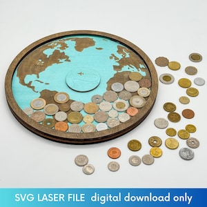 Fichier laser de porte-monnaie de voyage, fichier de coupe SVG, affichage mural de la collection internationale de pièces de monnaie, porte-monnaie, cadeau pour les voyageurs du monde