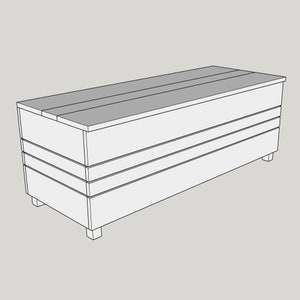 May include: A white wooden storage bench with a hinged lid and three horizontal slats on the front. The bench has four legs and is made of unfinished wood.
