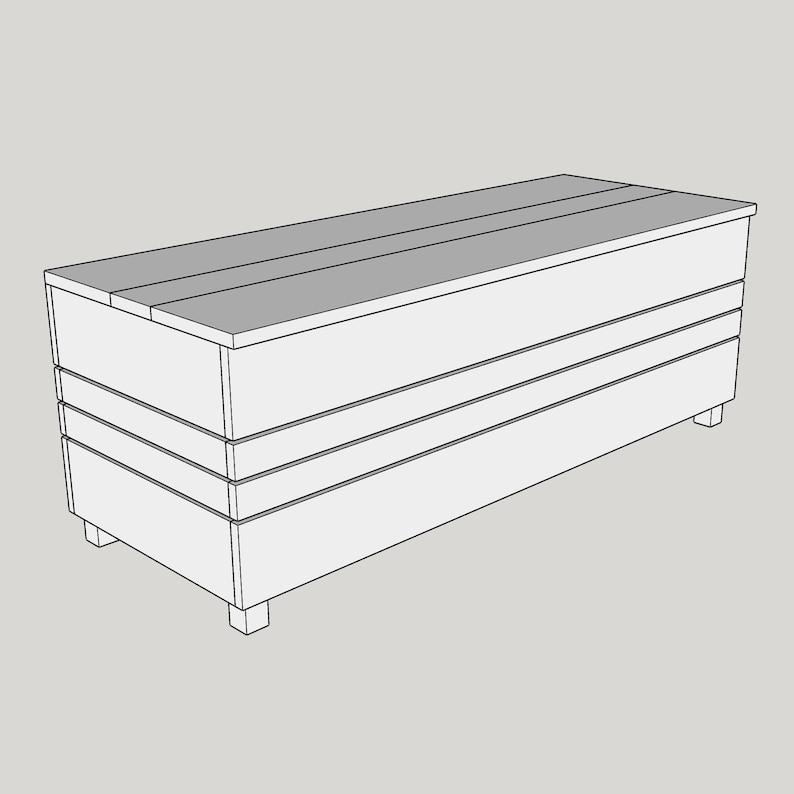 May include: A white wooden storage bench with a hinged lid and three horizontal slats on the front. The bench has four legs and is made of unfinished wood.