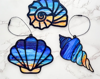 Seashell Suncatcher Laser Cut File Bundle, Layered Sea Shell Ornaments, 3 Different Beach Theme Window Hanging Decor SVG Files, Gift for Mom