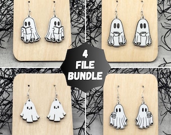 Cute Ghost Earrings SVG Laser File Bundle, Halloween Dangle Earrings Files for Laser Set of 4, Funny Ghost Earrings Set Laser Cut Files