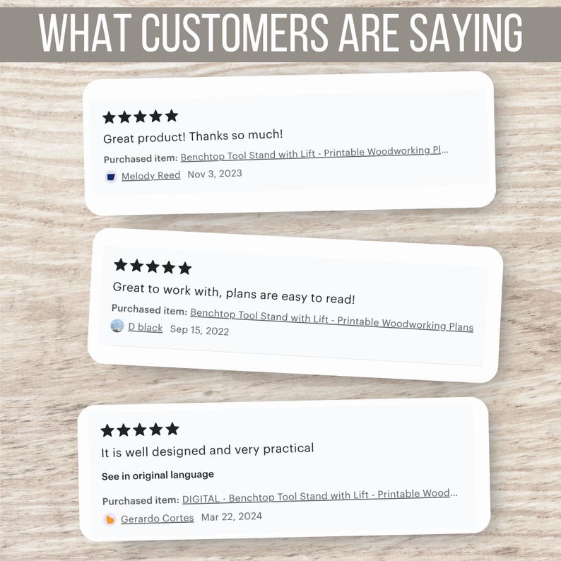 screenshots of reviews from happy customers who purchased these woodworking plans